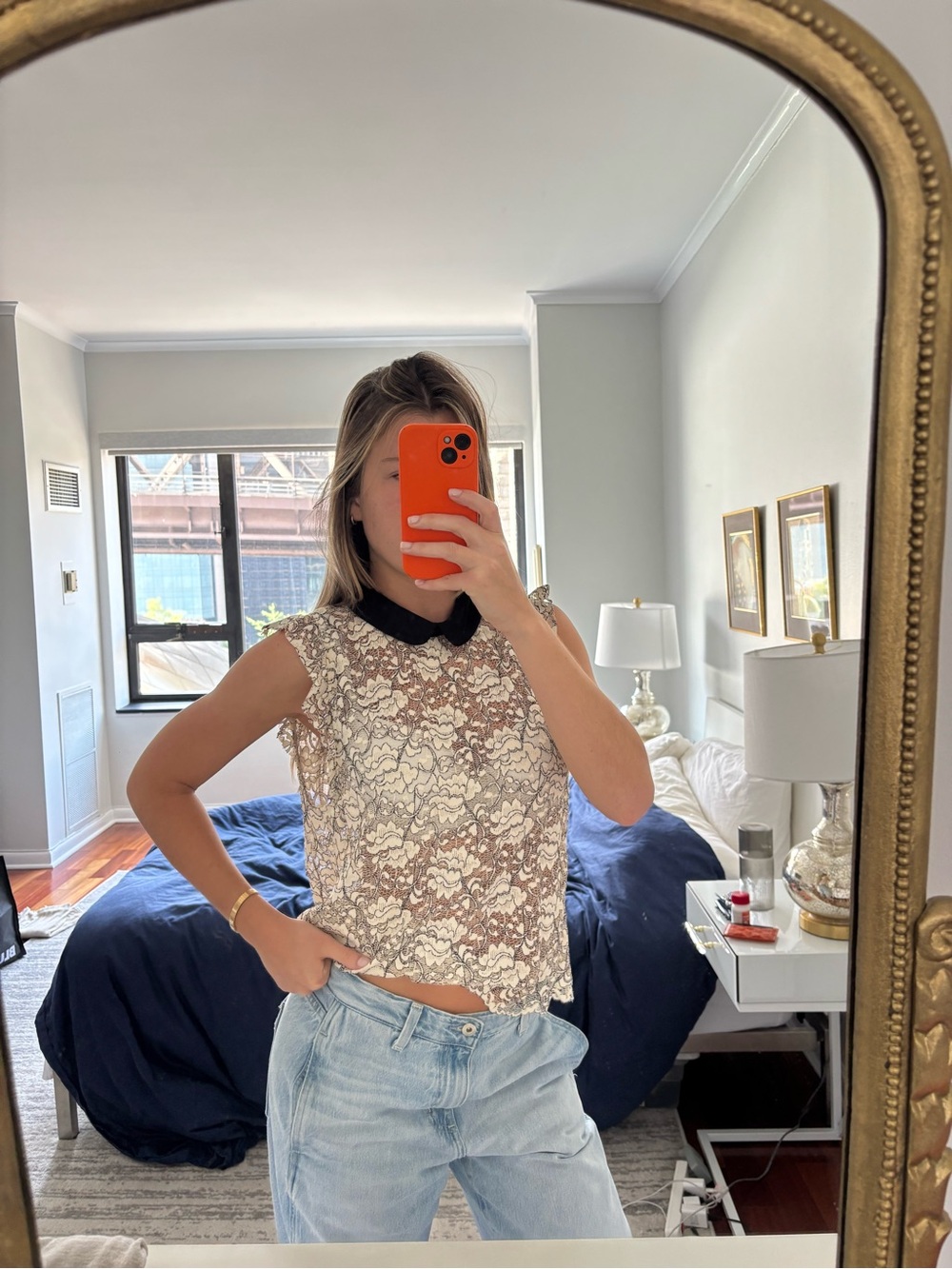 Zara Cream Floral Lace Top with Black Collar
